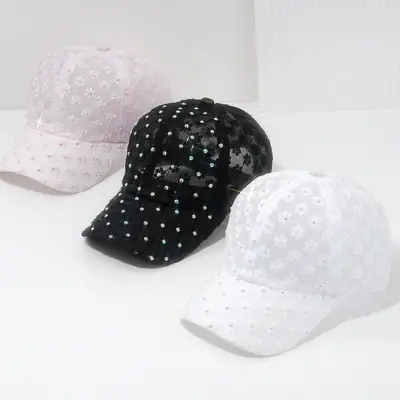 White Lace Rhinestone Baseball Cap for Women
