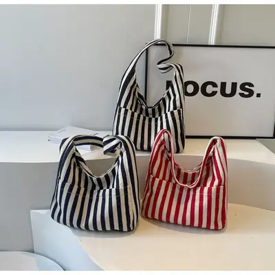 Women Striped Canvas Bucket Bag Red White 2024 Spring