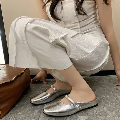 Women French Slippers Silver Soft Sole Summer