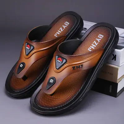Men's Brown Leather Flip Flops with Non-Slip Sole Shoes