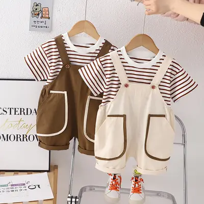 Boys Summer Strappy T-Shirt Shorts Set Brown Striped
