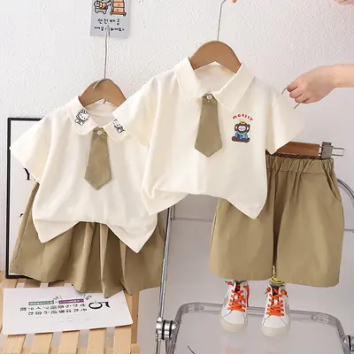 Kids Cotton Polo Short Sleeve Suit Brown Shorts