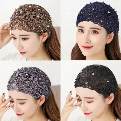Women Hollow Beaded Hair Cover with Lace Wide Brim