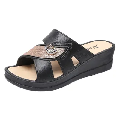 Women's Black Leather Slippers with Diamond Strap