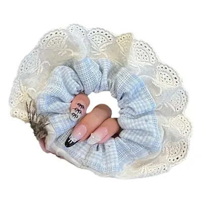 Korean Style Blue Plaid Hair Rope Women French Lace Large Intestine Ring