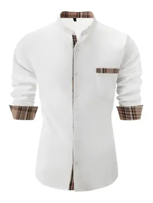 Men's Blue Cotton Linen Button Shirt with Plaid Sleeves