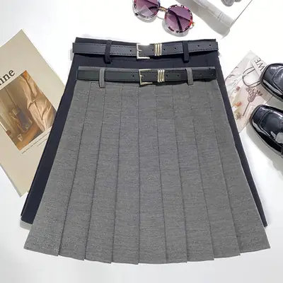 Gray Pleated Skirt with Belt for Women