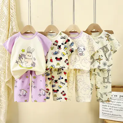 Children Cotton Bear Print Shorts Top Set Summer