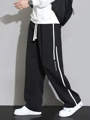 Men Straight Leg Sweatpants Grey Stripe Loose Fit