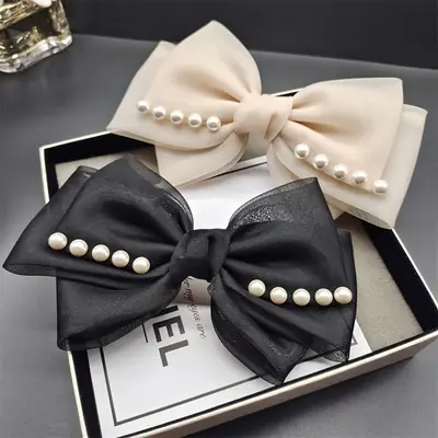 Black Organza Pearl Bow Hairpin for Women