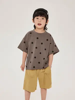 Kids Retro Polka Dot T-Shirt Brown Yellow Shorts Set