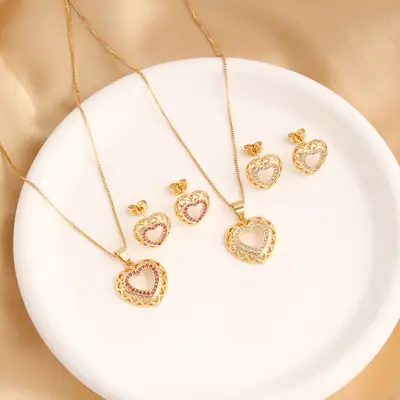 Gold Plated Heart Necklace & Earring Set for Women