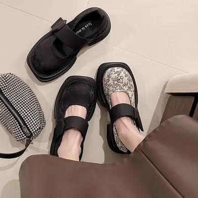 Guofeng Women's Printed Mary Jane Thick Heel Loafers