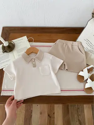 Korean New Boys' Summer Casual Suit Waffle Small Lapel Short-Sleeved T-Shirt Shorts Two-Piece Set