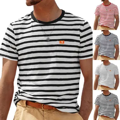 Men Striped T-Shirt Black White Round Neck Summer Casual