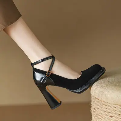 Black French Retro Cross Strap High Heel Mary Jane Women