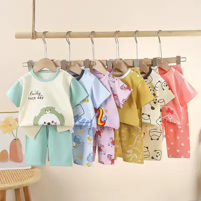 Pink Bunny Print Boys Summer Cotton Pajamas Set