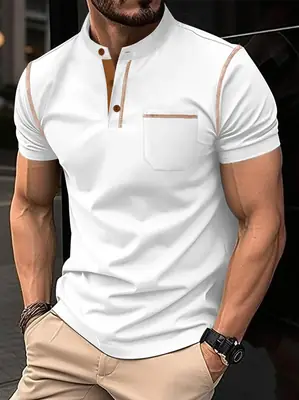 Men Button Polo Shirt Light Blue Short Sleeve Fitted Casual