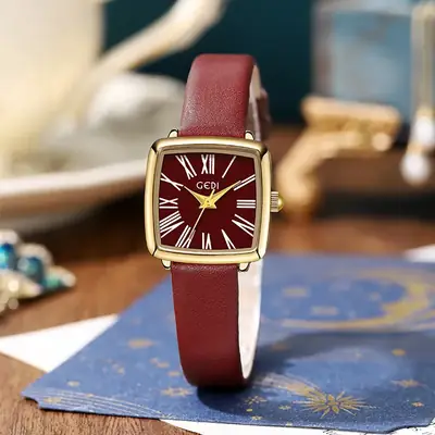 Gold Square Women's Quartz Watch with Leather Belt
