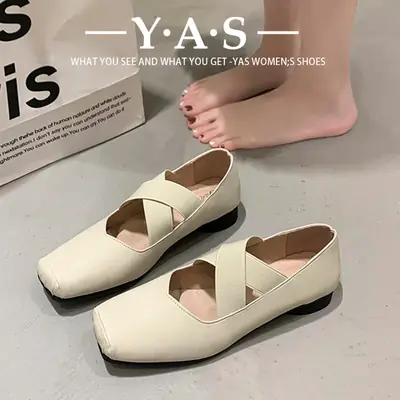 Women's Cream Square Toe Cross Strap Flat Heel Shoes