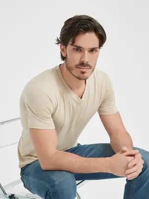 Men V-Neck Slim Fit T-Shirt Navy Blue Summer