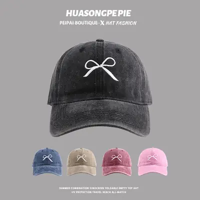 Washed Denim Bow Cap Women Big Head Wide Brim