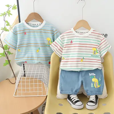 Children Cotton Striped T-Shirt Shorts 2024 Set