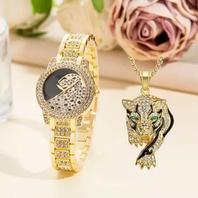 Women's Diamond Leopard Print Quartz Bracelet Watch
