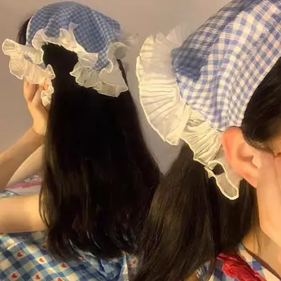 Women's Red White Checkered Triangle Headscarf Summer Sunscreen