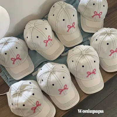 Embroidered Wide Eaves Baseball Cap Women White Bow Design
