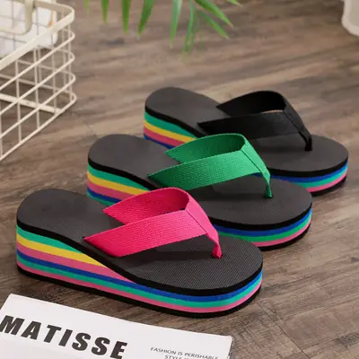 Slippers Women Flip-Flops Women's Summer Rainbow Thick-soled Sandals High-heeled Internet-famous Colorful Outwear Women's Shoes Casual Beach