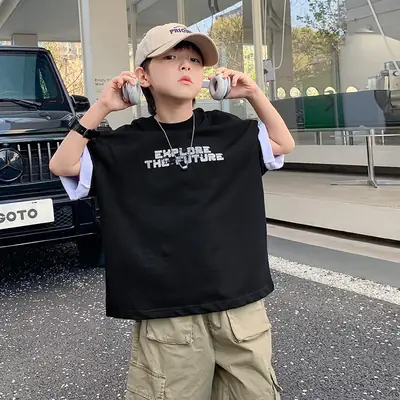 Boys Black Korean Short Sleeve T-Shirt 2024