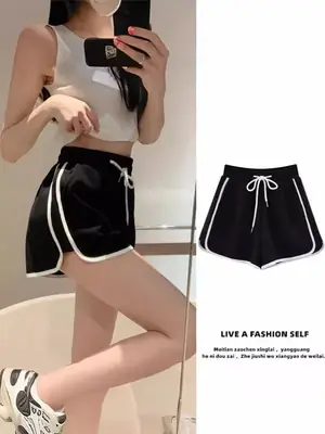 Women's Black Anti-Light Yoga Shorts with Drawstring Waist