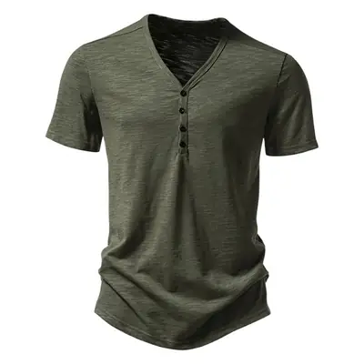 Men's V-neck T-shirt Olive Green 4-Button Slub Cotton