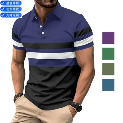 Men's Striped Polo Shirt Olive Black White 2024 Summer