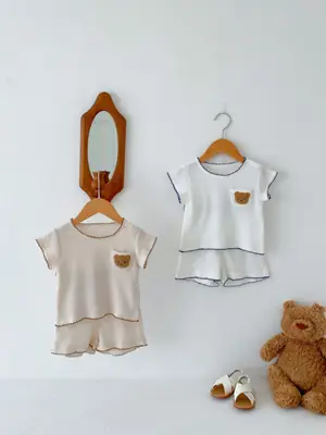2024 Korean Style Boys White Bear Embroidered Suit