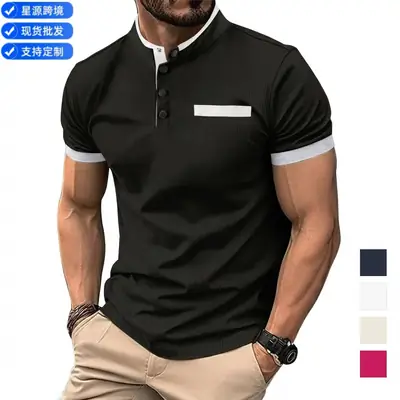 Men's Black Polo Shirt with Plaid Collar 2024 Summer
