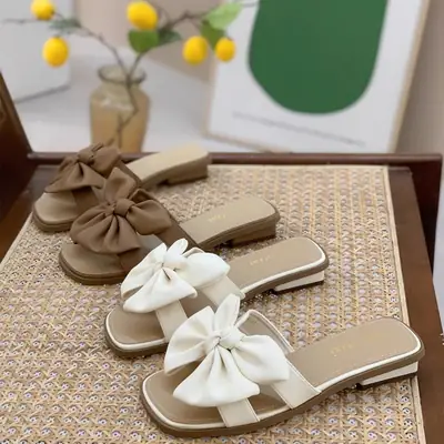 Women Bow Wedge Heel Slippers Soft Bottom