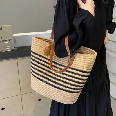 Straw Tote Bag Striped White Black Women