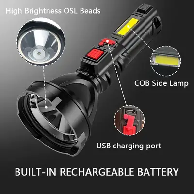 Rechargeable LED Flashlight with COB Side Lamp & USB Port