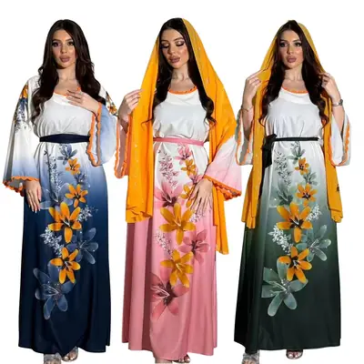 Printed Muslim Robe with Rhinestone Design Orange Pink