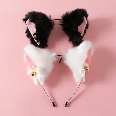Stuffed Cat Ear Headband with Fox Fur & Bow