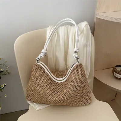 Vintage Straw Handbag with White Knots