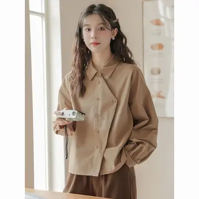 2024 Spring Autumn Winter New Japanese Style College Style Long Sleeve Shirt with Casual Wide Shirt Irregular Top