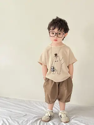Boys' Korean Print Short Sleeve T-Shirt Beige