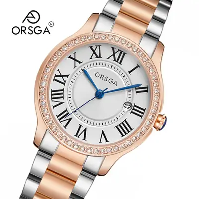 Women's Orange Leather Roman Dial Watch with Crystal Bezel
