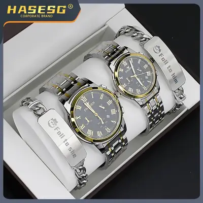 Couple Watch Set Gold White Quartz Bracelet Gift