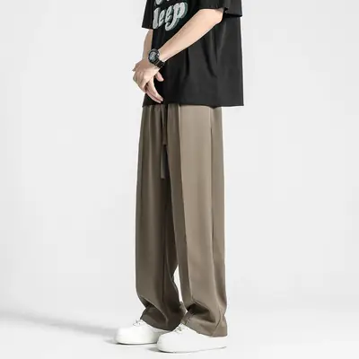 Men Gray Ice Silk Wide Leg Pants Summer