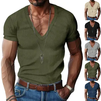 Men V-neck Corduroy T-Shirt Black Slim Fit Summer