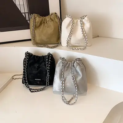 Women's Chain Shoulder Bag Cream Satin Bucket Style